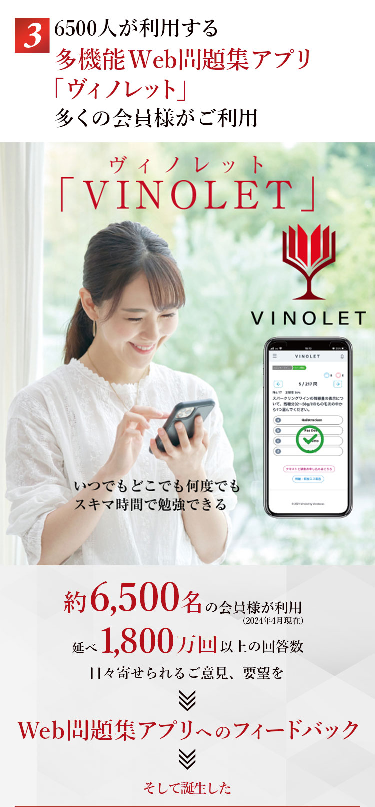 6500人が利用する多機能WEB問題集アプリ「ヴィノレット」多くの会員様がご利用